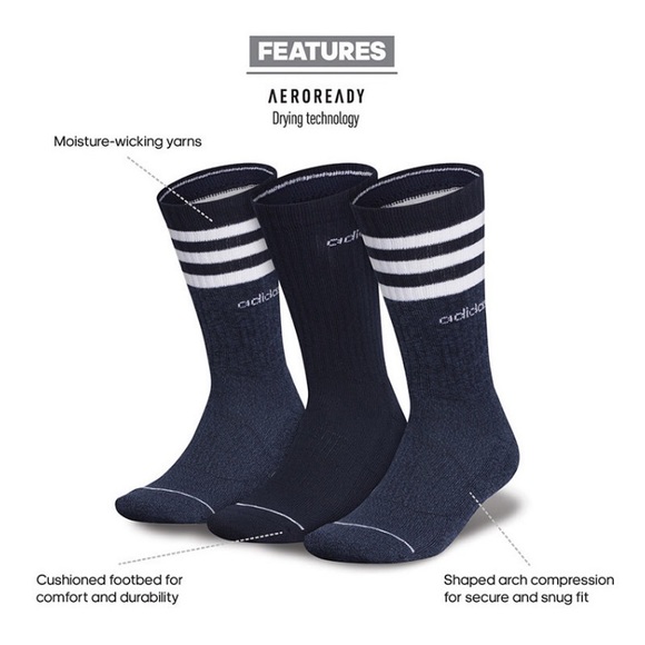 NWT Adidas Men’s 3-pack 3-stripe crew style socks - Picture 3 of 7